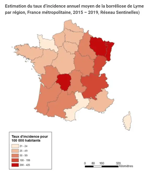 Carte de France de l'incidence de la maladie de Lyme
